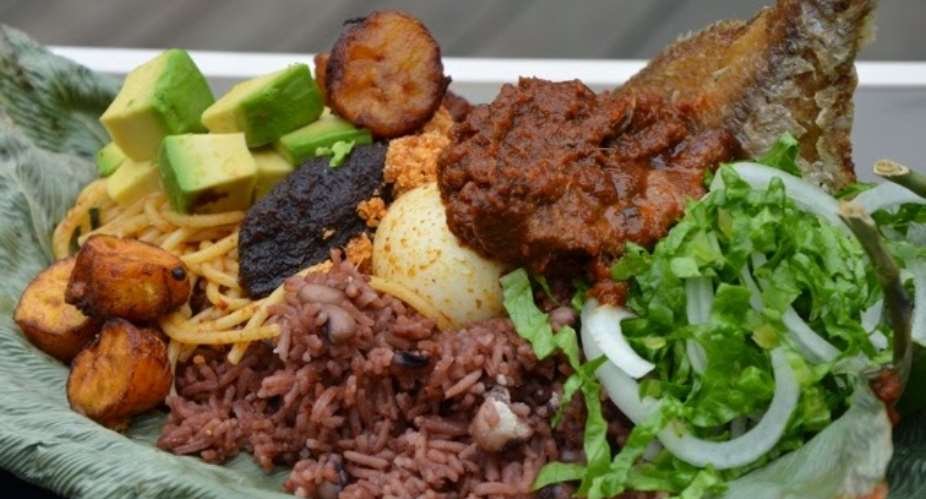 Waakye with Fried Fish and Fresh Salad